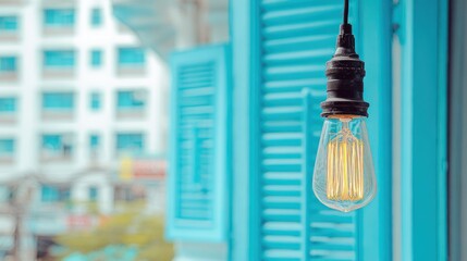Glowing Edison bulb hangs before an open, bright blue louvered window, with a blurred cityscape visible outside