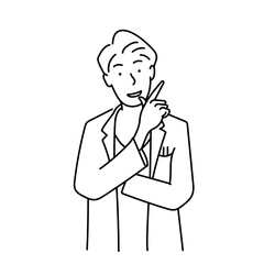 笑顔の男性医師がひらめいて指を立てる線画イラスト｜アイデアや解決策を象徴し、医療現場や教育素材に適した白背景のベクター
