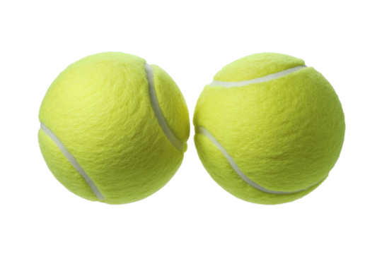 Two bright yellow tennis balls, isolated on a transparent background, ready for a game. background removed
