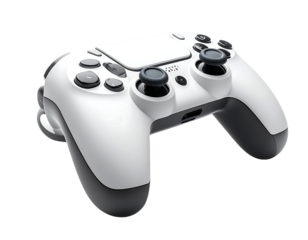 Sleek white gaming controller with gray accents, featuring a central touchpad and ergonomic grips
