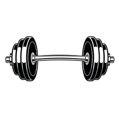 Vector illustration of a black and white illustration of a barbell with weight plates on each side, isolated on a