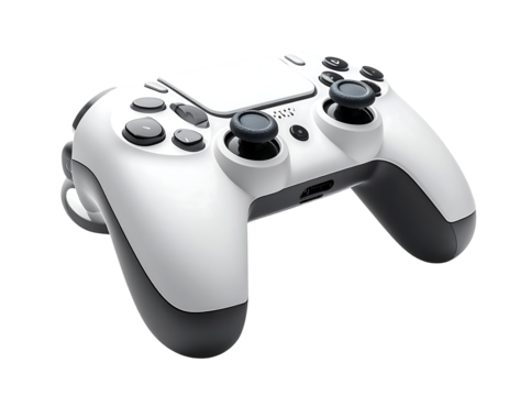 Sleek white gaming controller with gray accents, featuring a central touchpad and ergonomic grips