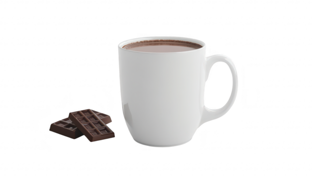 A steaming cup of hot chocolate sits on a smooth white surface. accompanied by pieces of rich dark chocolate. creating a cozy and inviting atmosphere perfect for a warm beverage advertisement