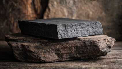Fototapeta premium Dark gray stone slabs on rough brown rocks