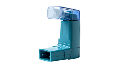 Teal inhaler with a clear mouthpiece and a white filter, depicted against a black background