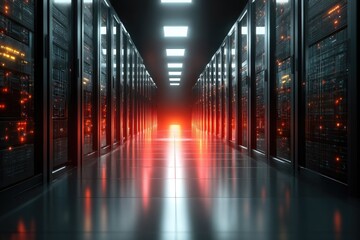 Dark server room, rows of lit racks, red light reflection