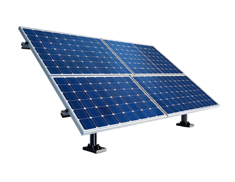 A four-panel solar array angled slightly, mounted on a metal frame with adjustable legs, against a black background