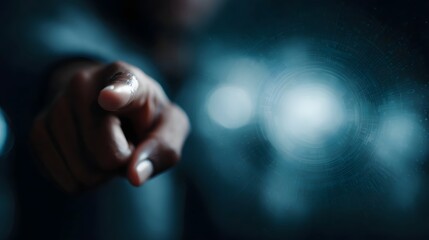 A hand points forward indicating a digital interface with glowing lights and abstract patterns