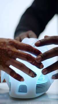 Diverse professional hands precisely manipulate sleek, futuristic tech in ECU with glowing circuits, clean bokeh background. Concept of high-tech innovation and progress