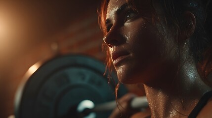 Sweaty woman lifting weights fitness workout intense training gym lifestyle strong female power determination