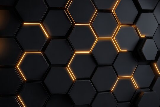 Abstract dark hexagon grid with illuminated orange edges, creating a futuristic, technological texture