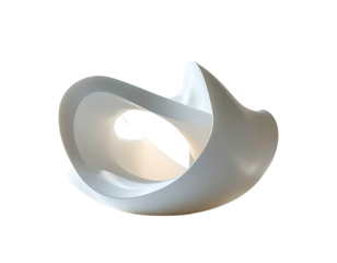Abstract, off-white, sculptural form; smooth, curved surfaces intertwine, creating a dynamic, three-dimensional loop with subtle internal shadows
