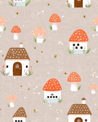 pastel mushroom house wallpaper Whimsical Autumn Mushroom Houses and Cozy Cottages in Soft Pastel Colors with Golden Stars and Fairytale Charm a vintage storybook mushroom wallpaper