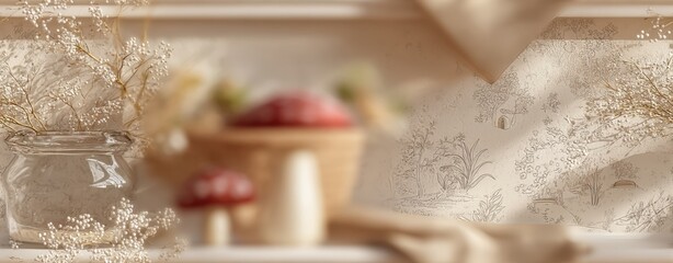 pastel mushroom house wallpaper Decorative scene with delicate white floral branches and whimsical mushroom figurines against a textured wall with a vintage storybook mushroom wallpaper