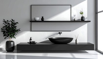 Modern minimalist bathroom vanity with black accents