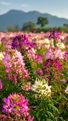 Naklejka premium Vibrant flower field with mountains