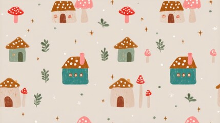 pastel mushroom house wallpaper Whimsical Hand-drawn Fairy Tale Village with Mushrooms and Cozy Houses in Soft Pastel Colors a vintage storybook mushroom wallpaper