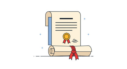 Illustration of a rolled-up scroll with a seal and ribbon, symbolizing a diploma, certificate, or official document, often associated with education, achievement, or legal recognition