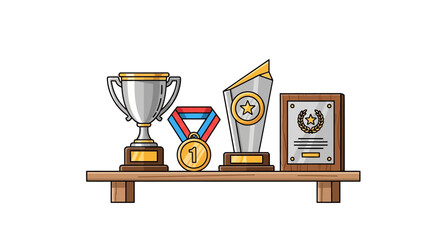 Showcasing Achievement An Illustration of Trophies, Medals, and Awards, Symbolizing Success, Recognition, and Celebration on a Shelf, Representing Goals Achieved and Victories