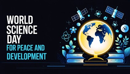 World science day celebration with earth globe and satellites for peace and growth