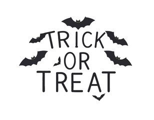 "Trick or Treat" text graphic with bat silhouettes above and below the words.