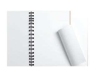 Open spiral-bound notebook with blank pages and one curled sheet