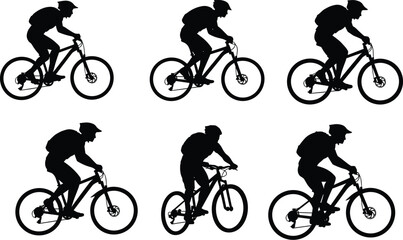 Silhouettes of mountain bikers in different positions, representing outdoor adventure, sport, and healthy lifestyle activities.