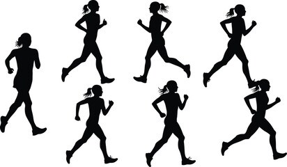 Silhouettes of women running outdoors, a diverse group of runners in various poses, for fitness and sport.