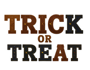 "Trick or Treat" text composed of stitched leather letters, isolated on white.