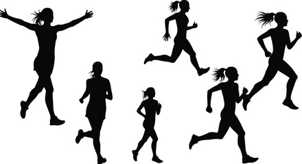 Silhouettes of women running outdoors, a diverse group of runners in various poses, for fitness and sport.