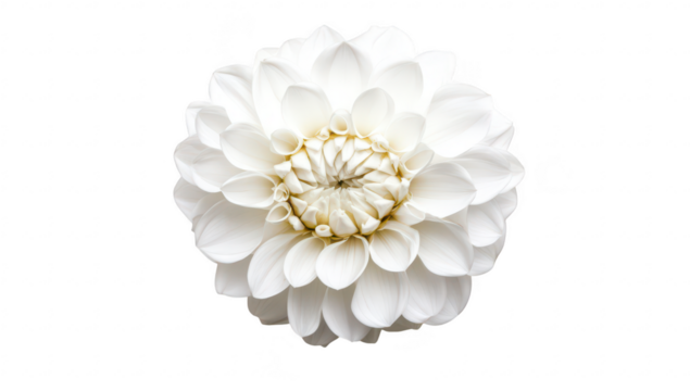 A close-up view of a pristine white flower with intricate petals arranged in a circular pattern. set against a plain white background. creating a serene and elegant atmosphere suitable for nature-them