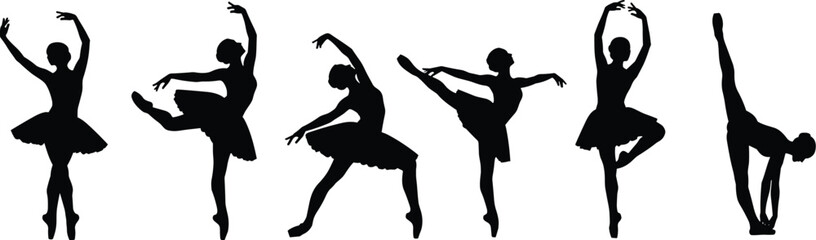 Graceful black silhouettes of female ballerinas dancing on pointes in various elegant and classic ballet poses. © Arman Creatives