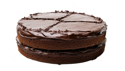 A beautifully layered chocolate cake with rich frosting. set against a clean white background. ideal for dessert-themed projects. baking tutorials. or culinary showcases