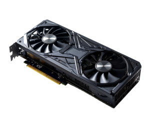 Sleek black graphics card with dual fans, angular design, and metallic accents; angled for optimal viewing