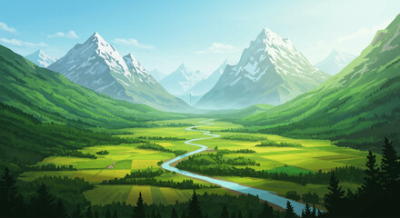This vibrant digital illustration provides an expansive aerial view of a lush green valley, featuring a winding river and dense forests, stretching towards majestic snow-capped mountain peaks. 