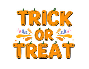 "Trick or Treat" text with pumpkin-shaped letters and decorative swirls on a white background.