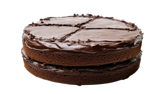 A beautifully layered chocolate cake with rich frosting. set against a clean white background. ideal for dessert-themed projects. baking tutorials. or culinary showcases