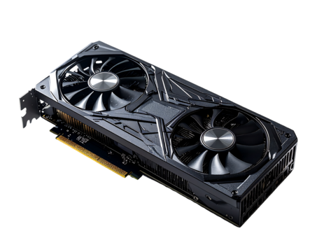 Sleek black graphics card with dual fans, angular design, and metallic accents; angled for optimal viewing