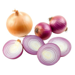Fresh raw onions, whole, halved, and sliced, is Photorealistic image isolated on background (PNG)
