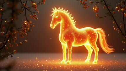Elegant 3D fire horse character gracefully standing beneath enchanted golden mistletoe. New Year fiery horse 2026 for Christmas holidays.