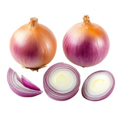 Fresh raw onions, whole, halved, and sliced, is Photorealistic image isolated on background (PNG)