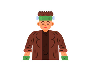 Illustration of a person wearing a Frankenstein costume. Cosplay as Frankenstein's monster. Halloween celebration, event, or festival. Happy Halloween. Flat style character design. White background.