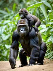 Naklejka premium Baby gorilla rides on mother gorilla's back