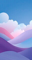Soft pastel hills and cloudscape under a clear blue sky, rendered in a stylized, smooth gradient