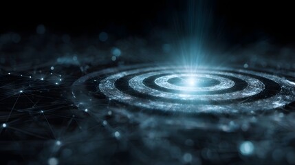 Abstract digital target with concentric rings brightly illuminated at its core with a light beam set against a dark futuristic network
