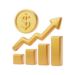Gold bars and dollar coins arranged on a financial graph with an upward arrow symbolizing business success and profit growth