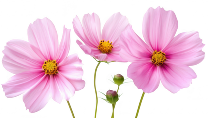 A display of three pink cosmos flowers with delicate petals and bright yellow centers. set against a clean white background. ideal for floral-themed designs and nature-focused projects