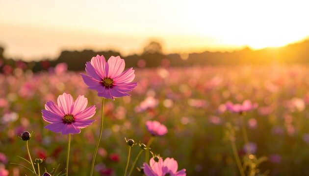 Pastel pink cosmos field at sunset