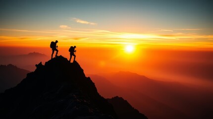 Reaching New Heights at Sunset: Silhouetted against a blazing sunset, two intrepid hikers stand atop a mountain peak.