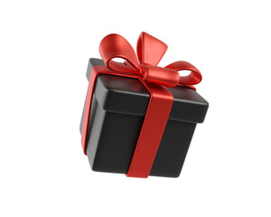 Black gift box with a red bow on transparent background. A stylized icon perfect for holiday, Black Friday, or Christmas. Ideal for greeting cards and promotional materials. 3D rendering
